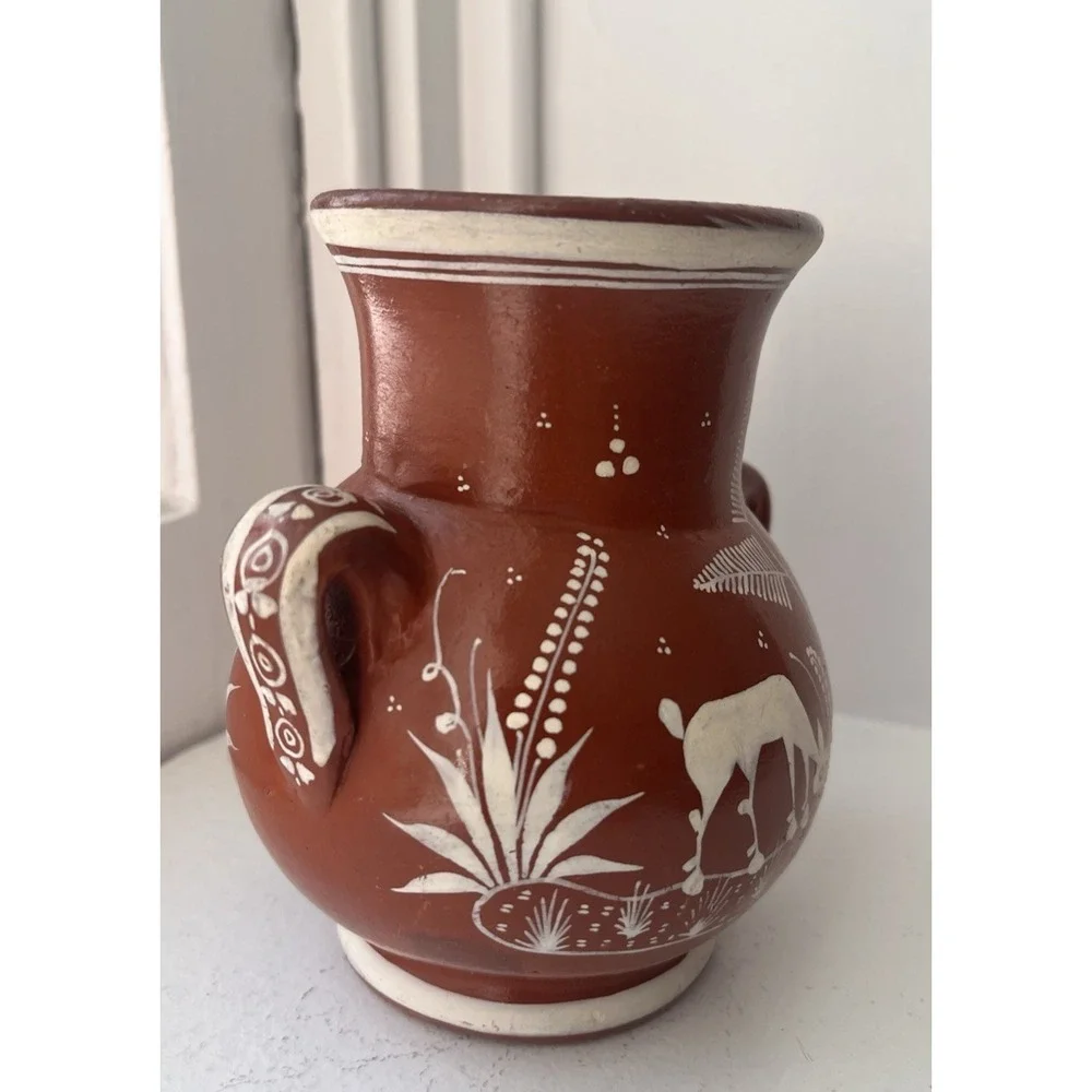 Vintage Handmade Mexican Pottery Vase Bird Flower Deer Signed J.‎ Pila Red Clay